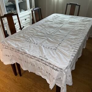 Vintage Cutwork Hand Embroidered Crochet Cotton Tablecloth White Rectangular